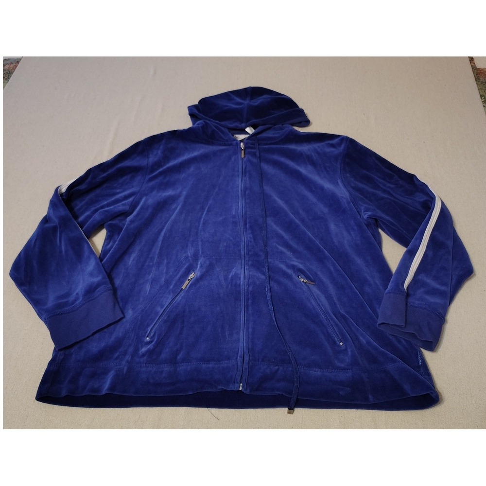Y2K Liz & Co Liz Claiborne Blue Velour Zip Up Hoodie White Stripe XL Womens CC